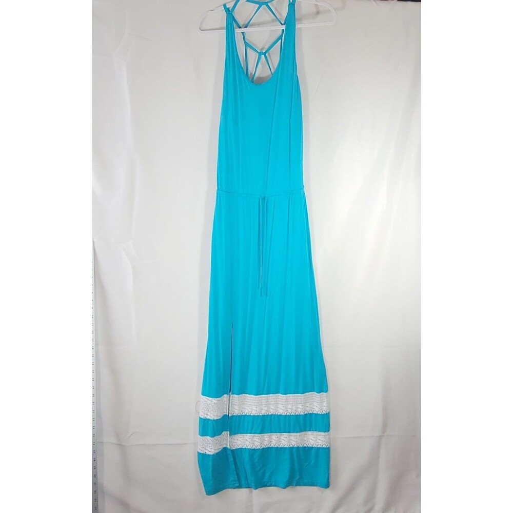 Bebe Teal Peacock Blue Strappy Back Crochet Lace Trim Maxi Dress Size Small